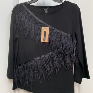 Halogen 🖤 Nordstrom Ostrich Feather Zig Zag Sweater Black Quarter Sleeve Top